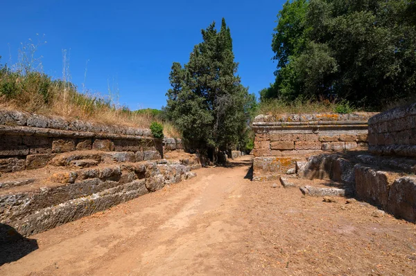 Etruscan Necropolis Details Tuff Walls Remains Tumulus Tombs Photographed Sunny — Stock Photo, Image