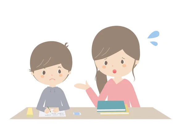 Illustration Boy Studying Home While Being Told His Mother — Stock Vector