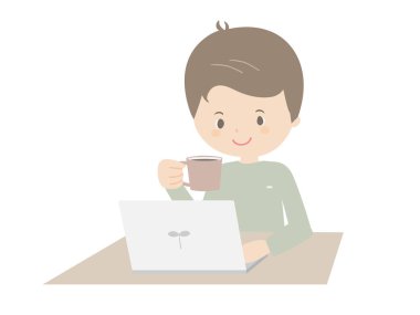 Bilgisayara bakarken kahve içen bir gencin resmi..