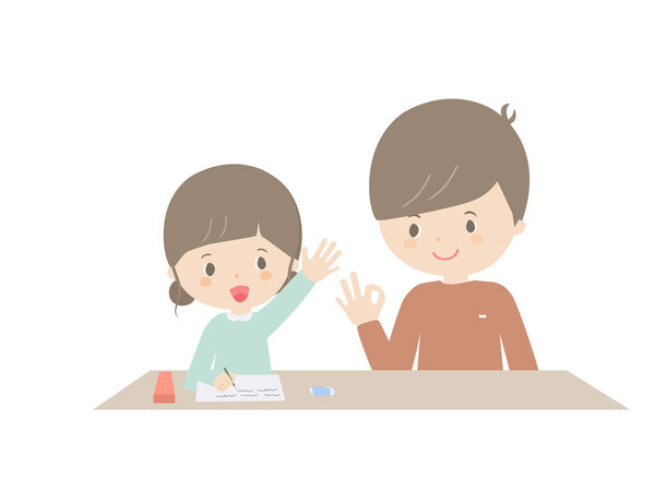 Это иллюстрация девочки, которая учится под наблюдением отца.