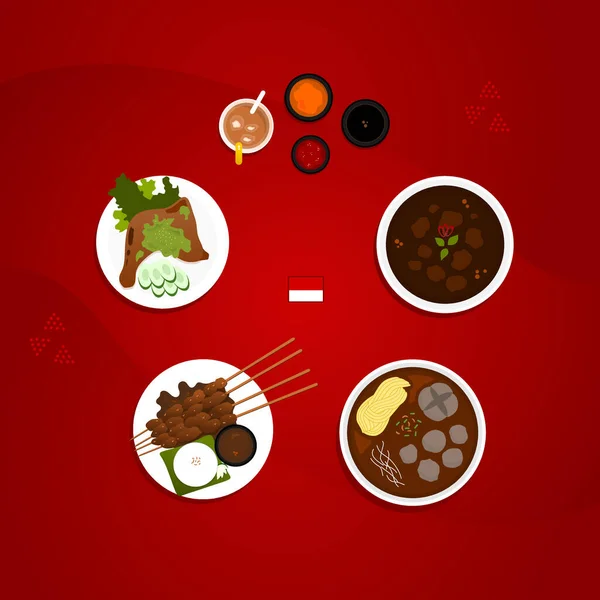 インドネシア料理メニューコレクションセットフラットイラスト Epsレイヤーにはレンダン ミートボール チキンサティ チリチキン ソースが含まれています — ストックベクタ