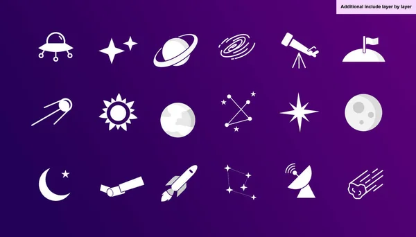 Astronomía Icono Conjunto Vector Incluyen Ovni Estrellas Saturno Agujero Negro — Vector de stock