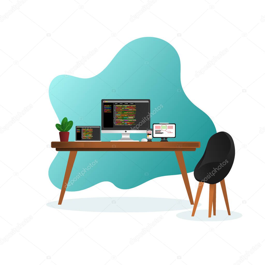 Premium programmer desktop illustration vector, flat design, simple and modern