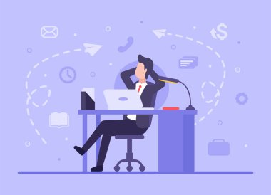 İş rahatlama konsepti. Vektör daire işadamı çalışma masasında oturuyor ve işle ilgili işlerden dinleniyor. Yorucu bir iş gününden sonra dinlen. Sitelerde ve akıllı telefonlarda web afişi var. EPS 10.