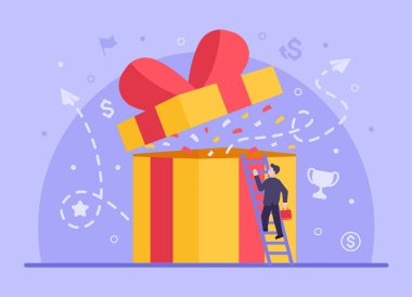 İş ödülü konsepti. Neşeli vektör düz iş adamı işinin çeyreklik için hazırladığı bir hediye için merdivenleri çıkıyor. Büyük kazanç. Sitelerde ve akıllı telefonlarda web afişi var. EPS 10.