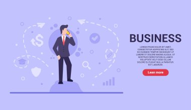 İş konsepti. Vektör dairesi işadamı bir taşın üzerinde duruyor ve gelecekte iş geliştirmek ve kâr elde etmek için iş birliği yapıyor. Sitelerde ve akıllı telefonlarda web afişi var. EPS 10.