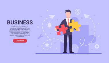 İş konsepti. Vektör dairesi işadamı, iş süreçlerinin birleşmesini sembolize eden farklı renklerdeki bulmacaları bir araya getiriyor. Sitelerde ve akıllı telefonlarda web afişi var. EPS 10.