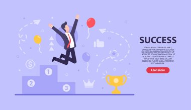 İş başarısı konsepti. Vektör düz işadamı, başarıya ulaşıp birinci olduğu için kaideden atlıyor ve seviniyor. Büyük kâr zafer balonları. Web sitelerinde ve web pankartlarında kullanılıyor.