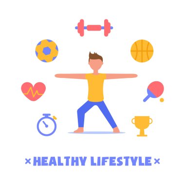 Sağlıklı yaşam tarzı konusunda modern bir kavram. Spor giyimli bir çocuk spor yaşam tarzını dengelemek için spora gider. Kardiyo, sağlıklı beslenme, spor ve spor malzemeleri. Vektör.