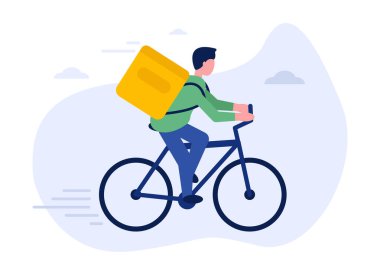 İzole bir arka planda mal teslimatı kavramı. Bir kurye sırtında bir çantayla bisiklete biner ve siparişi teslim eder. Web sitelerinde, web pankartlarında ve akıllı telefonlarda kullanılabilir. Düz.