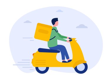 İzole bir arka planda mal teslimatı kavramı. Kurye, sırtında bir çantayla scooter 'a biner ve siparişi teslim eder. Web sitelerinde, web pankartlarında ve akıllı telefonlarda kullanılabilir. Düz.