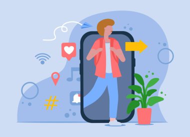 Dijital detoks vektör konsepti. Bir adam dijital bağımlılıktan gerçek dünyaya kaçar. Modern yaşam tarzı. Bir adam cep telefonunun ekranından çıkıyor. Siteler ve web pankartları için kullanılabilir.