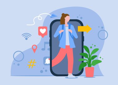 Dijital detoks vektör konsepti. Bir kadın dijital bağımlılıktan gerçek dünyaya kaçar. Modern yaşam tarzı. Bir adam cep telefonunun ekranından çıkıyor. Siteler ve pankartlar için kullanılabilir. EPS 10.