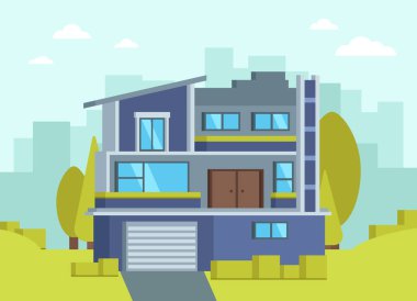 Modern güzel ekolojik evin vektör konsepti. Çevresi doğa ve temiz havayla çevrili, kirlenmiş şehirden uzakta yeşil bir ev. Sitenin ana sayfası. Alternatif enerji kaynakları.