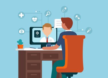 Modern internet tıp konsepti. Bir adam bilgisayarın başına oturur ve tavsiye ve tedavi yöntemleri veren bir doktora danışır. Siteler ve mobil uygulamalar için dijital illüstrasyon.