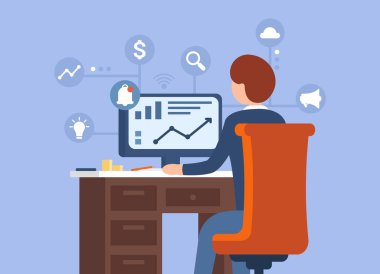 Modern vektör konsepti online pazarlama mavi arka planda. Adamın biri bilgisayarın başına oturup ürün satmaya çalışıyor. Minimalist tarzda. Siteler ve mobil uygulamalar için dijital illüstrasyon.