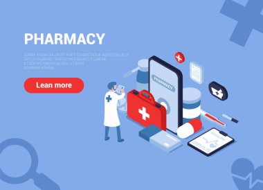Çevrimiçi bir eczanenin vektör çizimi. İnternet tıbbı. Bir doktor, bir eczane çalışanı internet üzerinden müşteri için doğru ilacı ve malzemeleri arıyor. Isometry. Bir web pankartı olabilir.
