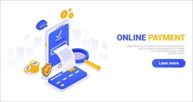 Isometric online ödemeler, online ödeme konsepti. Çevrimiçi ödemelere izin veren yönlerin bağlantısı. Vektör grafikleri, eğim. Siteler, web pankartları, sunumlar için kullanılabilir. EPS 10.