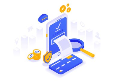Isometric online ödemeler, online ödeme konsepti. Çevrimiçi ödemelere izin veren yönlerin bağlantısı. Vektör grafikleri, eğim. Siteler, web pankartları, sunumlar için kullanılabilir. EPS 10.