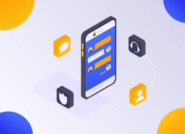 Çevrimiçi destek izometrik konsepti. Sorunları çözecek ve sorulara cevap verecek destekle canlı sohbet. Gradyan. Web sayfalarında, web pankartlarında, web sitelerinde ve sunumlarda kullanılabilir. EPS 10.