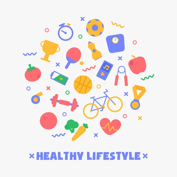 Sağlıklı yaşam tarzı konusunda modern bir kavram. Kalp, sağlıklı beslenme, spor, spor aletleri ve eğlence, bunlar daire şeklinde düzenlenir. Parlak illüstrasyon. Spor yaşam tarzı. EPS 10.