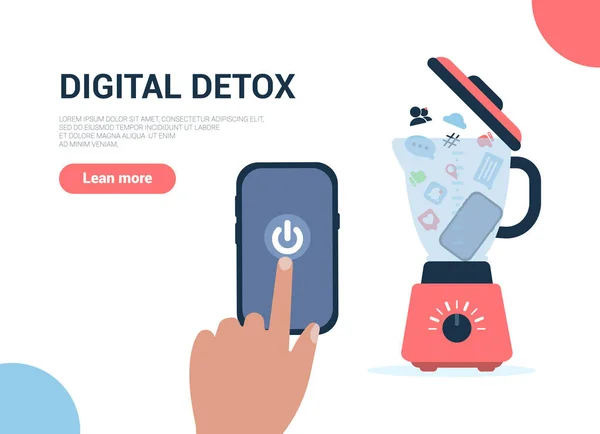 Dijital detoks vektör konsepti. Dijital bağımlılığın geri dönüşümü. Tüm bağımlılıkların atılacağı bir blender. Düz stil. Web sitelerinde, web pankartlarında ve akıllı telefonlarda kullanılabilir..