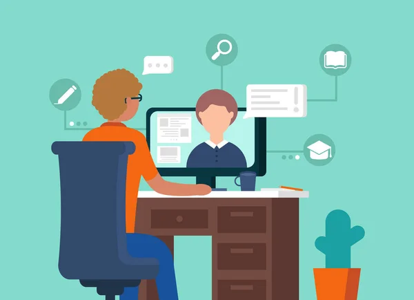 Çevrimiçi öğrenmenin modern vektör konsepti yeşil arka planda. Adamın biri bilgisayarın başında oturup video dinleyerek ders çalışıyor. Minimalist tarzda. Siteler ve mobil uygulamalar için dijital illüstrasyon.