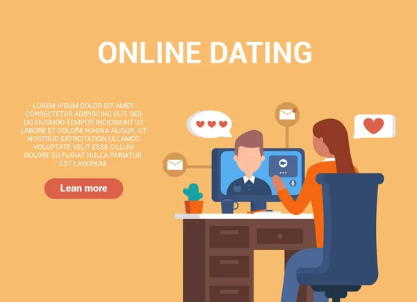 온라인 데이트의 소녀는 컴퓨터 앉아서 동정을 보이는 남자와 대화를 나눈다 — 스톡 벡터
