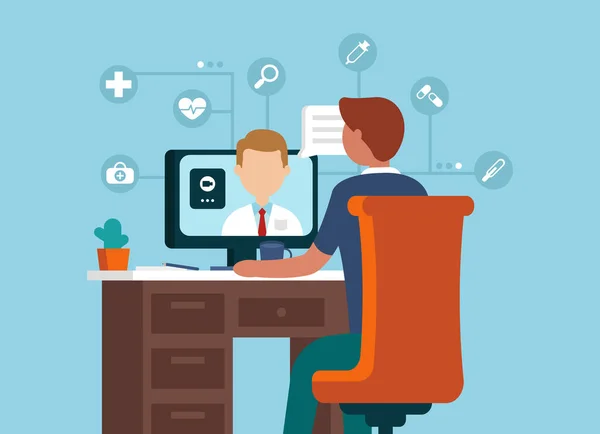 Modern internet tıp konsepti. Bir adam bilgisayarın başına oturur ve tavsiye ve tedavi yöntemleri veren bir doktora danışır. Siteler ve mobil uygulamalar için dijital illüstrasyon.