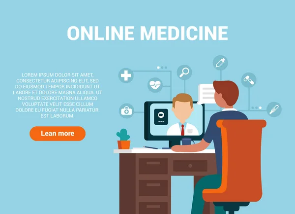 Modern internet tıp konsepti. Bir adam bilgisayarın başına oturur ve tavsiye ve tedavi yöntemleri veren bir doktora danışır. Siteler ve mobil uygulamalar için dijital illüstrasyon.