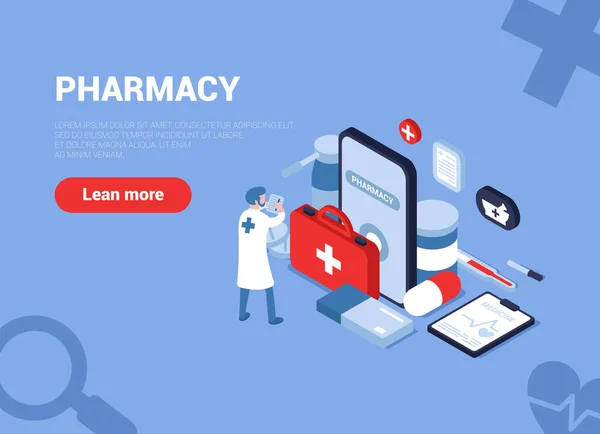 Çevrimiçi bir eczanenin vektör çizimi. İnternet tıbbı. Bir doktor, bir eczane çalışanı internet üzerinden müşteri için doğru ilacı ve malzemeleri arıyor. Isometry. Bir web pankartı olabilir.