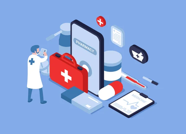 Εικονογράφηση Διανύσματος Ενός Online Φαρμακείου Διαδικτυακή Ιατρική Ένας Γιατρός Ένας — Διανυσματικό Αρχείο