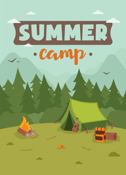 Beautiful vector summer camp illustration. Tent, bonfire, backpack and guitar in the wilderness in the mountains in the fresh air. Nice colors. Poster. Beautiful nature and landscape. EPS 10.