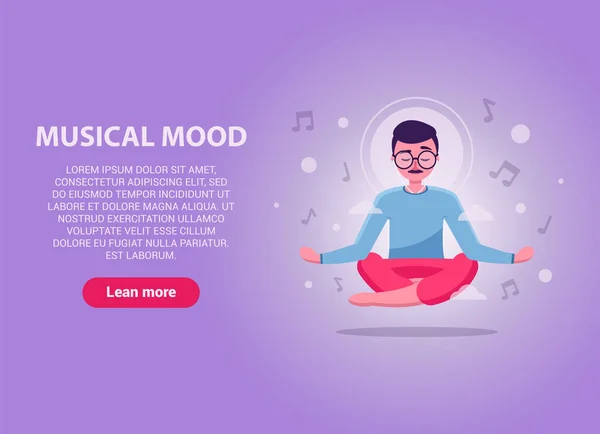 Lotus pozisyonunda oturan yakışıklı vektör müzik dinliyor. Keyif. Müzikal ruh hali. Web sitelerinde ve ağlarda kullanılabilir. Etrafında müzik notaları taşıyan bir adam. Renkli çizim. EPS 10