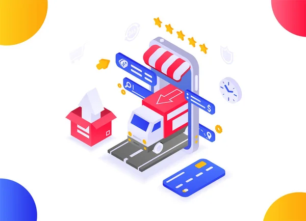 Isometric dağıtım konsepti. Kamyonet, müşteriye malları teslim etmek için telefondan geliyor. Çevrimiçi dükkandan teslimat.
