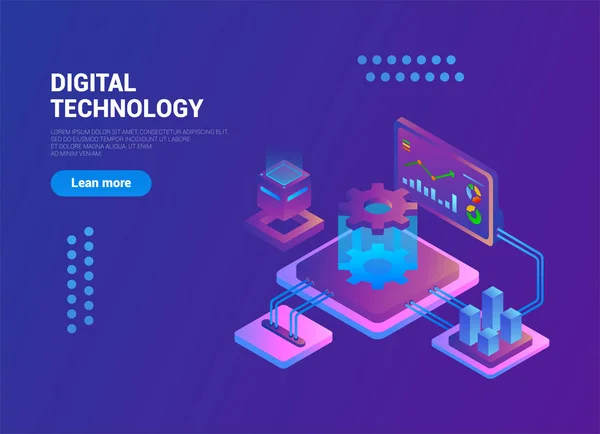 Izometrický Koncept Digitální Technologie Digitální Nebo Interaktivní Marketing Synergie Aspektů — Stockový vektor