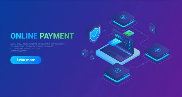 Isometric online ödemeler, online ödeme konsepti. Çevrimiçi ödemelere izin veren yönlerin bağlantısı. Vektör grafikleri, eğim. Siteler, web pankartları, sunumlar için kullanılabilir. EPS 10.