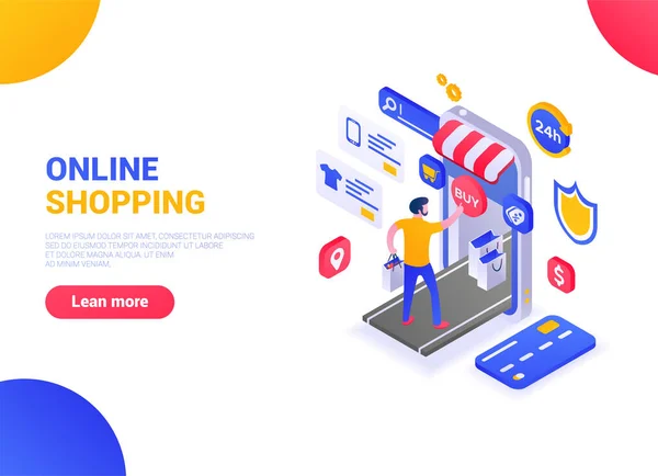 Isometric online alışveriş konsepti. Adamın biri satın aldığı telefonlara internetten ödeme yapıyor..