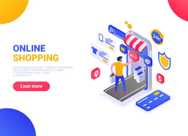 Isometriskt Online Shopping Koncept Man Går Till Telefon Med Inköp — Stock vektor