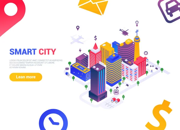 等距智能城市 城市概念 一个有很多服务 人的城市 矢量图形 可用于网站 网页横幅 亮丽的颜色 Eps — 图库矢量图片