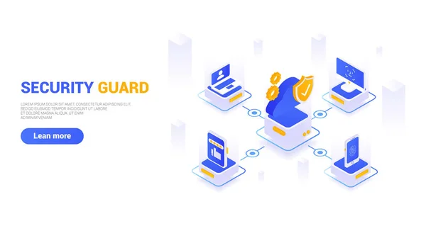 Çeşitli koruma yöntemleri kullanarak verilerinizi farklı cihazlara karşı koruyan Isometric guard konsepti. Güvenlik görevlisi. Sunumlarda web sayfalarında, web pankartlarında, web sitelerinde kullanılabilir..