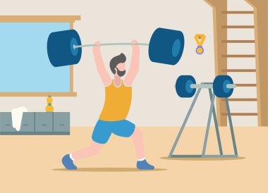 Vücut geliştirme konsepti. Sağlıklı bir yaşam tarzı. Profesyonel sporlar. Spor kıyafetleri içinde gaza gelmiş bir adam tezgahtan aldığı büyük bir dambılı üzerine kaldırıyor. Eğitim için spor salonu..