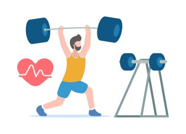 Vücut geliştirme konsepti. Sağlıklı bir yaşam tarzı. Profesyonel sporlar. Spor kıyafetleri içinde gaza gelmiş bir adam tezgahtan aldığı büyük bir dambılı üzerine kaldırıyor. Kalp zorluğu.