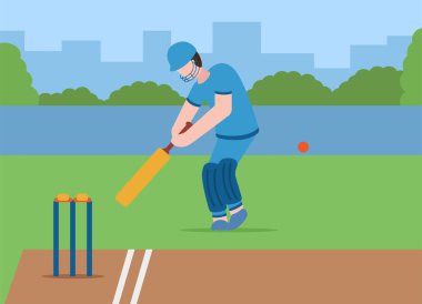 Vektör kriket konsepti. Sağlıklı bir yaşam tarzı. Kriket teçhizatlı bir adam elinde bir sopa tutar ve topa saha boyunca vurur. Profesyonel sporlar.