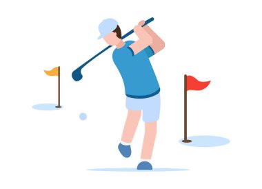 Vektör golf konsepti. Sağlıklı bir yaşam tarzı. Profesyonel sporlar. Elinde golf sopası olan teçhizatlı bir adam golf sahasında bayrak sallayarak topu bir deliğe atıyor. Web sitelerinde kullanılabilir.