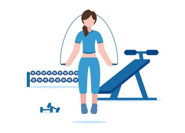 Kız spora gidiyor, egzersiz yapıyor, spor yapıyor, koşuyor, ip üstünde zıplıyor. Sağlıklı yaşam tarzı, boş zaman, spor. Çizgi film düz vektör çizimi beyaz arkaplanda izole edildi.