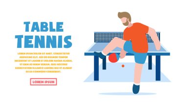 Masa tenisi konsepti. Sağlıklı bir yaşam tarzı. Profesyonel sporlar. Ekipman içinde bir adam elinde bir masa tenisi raketi tutuyor ve oyun masasının uzunluğu boyunca topa vuruyor. EPS 10.