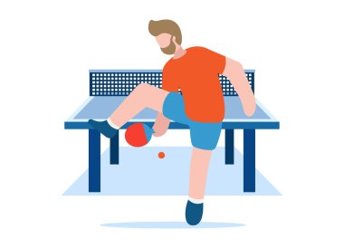 Masa tenisi konsepti. Sağlıklı bir yaşam tarzı. Profesyonel sporlar. Ekipman içinde bir adam elinde bir masa tenisi raketi tutuyor ve oyun masasının uzunluğu boyunca topa vuruyor. EPS 10.