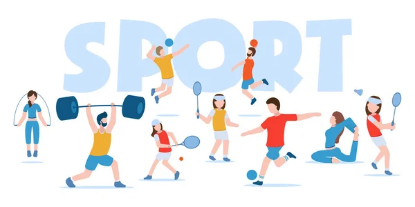 体育与健康生活方式的载体概念 羽毛球 穿着运动服的人从事不同的运动 — 图库矢量图片