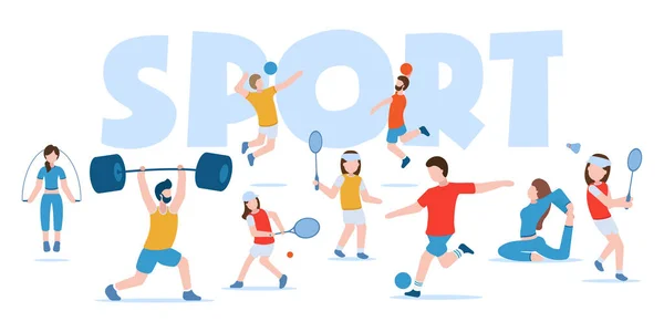 Spor ve sağlıklı yaşam tarzının taşıyıcı konsepti. Jimnastik, fitness, futbol, basketbol, voleybol, tenis, badminton, vücut geliştirme. Spor üniformalı insanlar farklı spor dallarında çalışırlar..